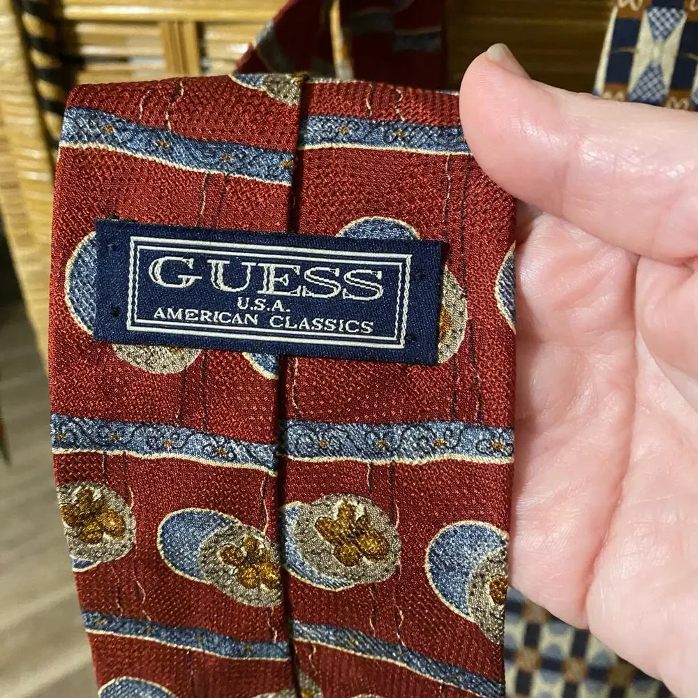 Vintage Guess USA Silk Tie Lot of 2 – 80s 90s Geometric Red Blue Made in USA